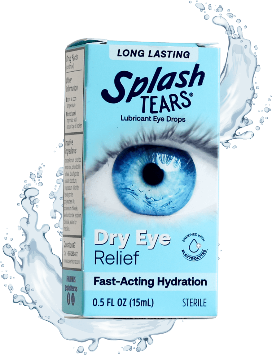 Splash tears packaging with water splashing around it for the splash tears website